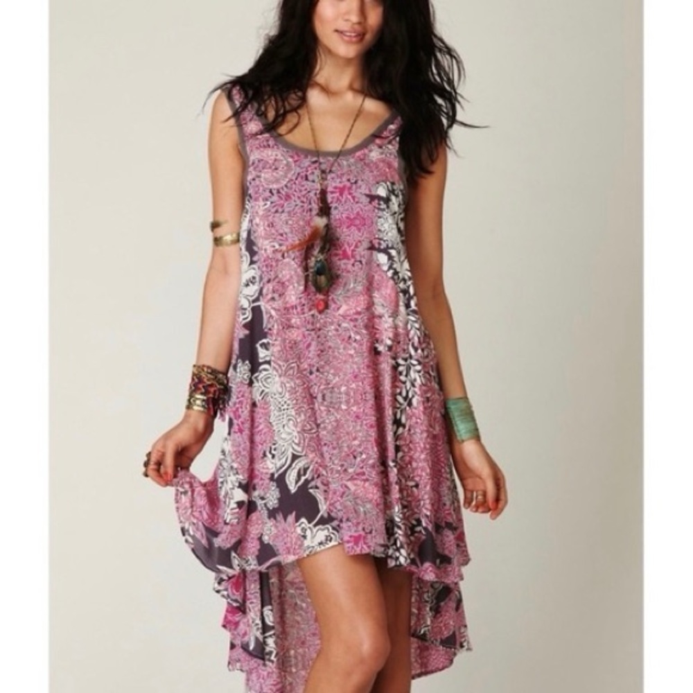 Free People pink and black floral print trapeze slip dress 41062